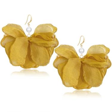 Imagem de unixmoment Brincos femininos com pingente de franja floral de tecido pérola grande boêmio feito à mão, Large, Tecido, Sem pedra preciosa