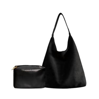 Imagem de Ruvafeny Bolsa feminina de camurça, bolsa de ombro de camurça, bolsa de mão despojada, bolsa de mão e conjunto de carteira para trabalho e viagem, Preto