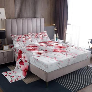 Imagem de Jogo de lençol solteiro com flores de primavera, aquarela flor de cerejeira, estilo japonês, rosa, branco, 3 peças, com bolso profundo, plano e 1 fronha, decoração de quarto infantil