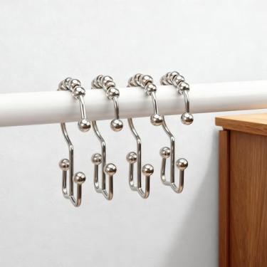 Imagem de Pacote com 12 ganchos de cortina de chuveiro deslizantes duplos, anéis de chuveiro de metal resistentes à ferrugem com bolas lisas para varões de cortina de banheiro padrão, acabamento de níquel