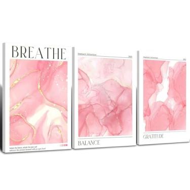 Imagem de 3 peças emolduradas rosa abstrata motivacional com texto moda decoração de parede impressão em tela pôster equilíbrio respire gratidão pintura de parede pôster quarto cômoda decoração 40 x 61 cm