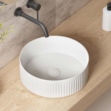 Imagem de Pia de banheiro pequena, pias redondas OCEALAGOON de 35,5 cm acima do balcão, pia de vaso branca de cerâmica de porcelana, pia moderna, tigelas de pia para armário de banheiro, pia de banheiro RV