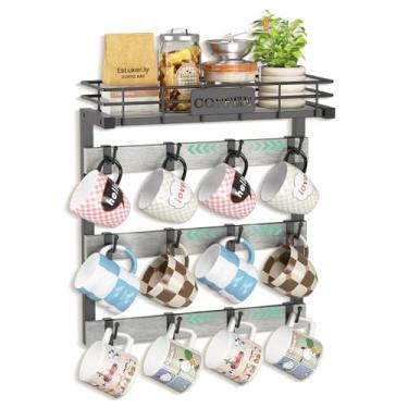 Imagem de EsLuker.ly Suporte de parede para caneca de café, organizador de cabide de copo de metal com 12 ganchos de plástico móveis, prateleira rústica de madeira para café, cozinha, preto + cinza claro