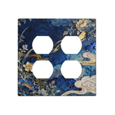 Imagem de WUYOCHA Capas de tomada decorativas, flor azul, branca, linha dourada, nuvem, 2 gangs, placa de cobertura para interruptor de luz, placas duplas duplas para tomadas elétricas, capas de placa de