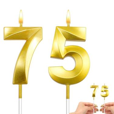 Imagem de Velas douradas de 75 anos, decorações de bolo de aniversário de 75 anos