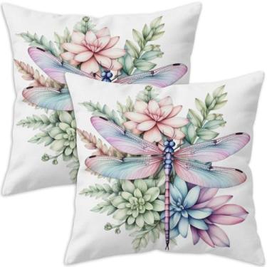 Imagem de Puacino Conjunto de 2 capas de almofada floral libélula, 45,7 x 45,7 cm, estampa dupla face, capa de almofada decorativa Boho Farmhouse, primavera, verão, para sofá, cadeira