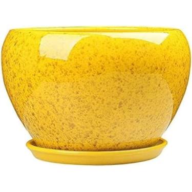 Imagem de GLETSF Vaso de flores de cerâmica esmaltado amarelo estilo chinês, vaso de flores interno amarelo, vaso de flores simples, vaso grande para suculentas com bandeja, plantador Re-25 cm