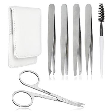 Imagem de Conjunto de 6 pinças de sobrancelha de precisão para mulheres, depilação facial encravada, pinças pontiagudas, kit de escova para talas com estojo de couro para presente