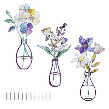 Imagem de DJAPWPX 3 peças de decoração de parede de flores de metal, arte de parede de vaso, esculturas de parede de metal penduradas para cozinha interna, banheiro, quarto, sala de estar (C)