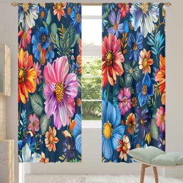 Imagem de 2 conjuntos de painéis de cortinas transparentes vintage coloridas margaridas com filtro leve painéis de cortina leve cortina de porta para janela para sala de estar, quarto, jantar, 192 cm de