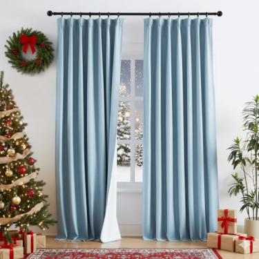 Imagem de Cortinas blackout plissadas de linho de linho para sala de estar, 227 cm de comprimento, azul com memória, isolamento térmico, para quarto, comprimento até o chão, 101 x 232 cm, 2 painéis com ganchos