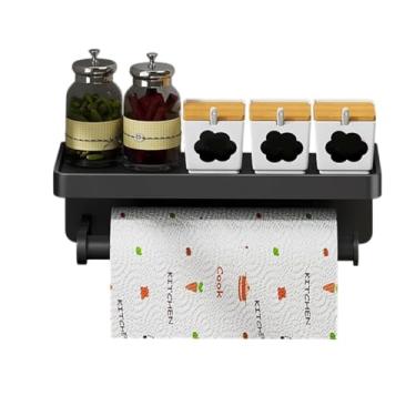 Imagem de Suporte de Parede para Papel Toalha e Condimentos, Preto, Metal, 30 cm, com Prateleira Superior e Porta-Rolos