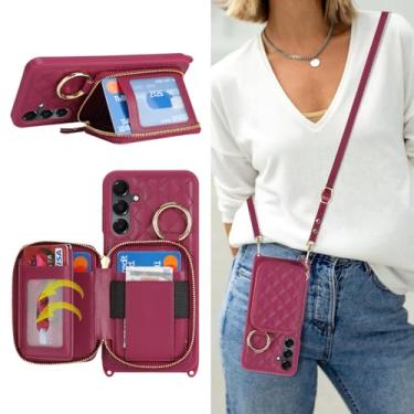 Imagem de Hamany Capa tipo carteira transversal para Galaxy A15, bolsa de mão de couro PU com zíper, capa flip com suporte para cartões, alça de pulso - vermelho escuro