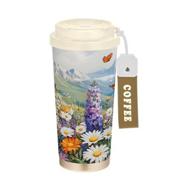 Imagem de SEHANY Caneca de viagem borboleta e flores de 482 ml Copos de café reutilizáveis revestidos de cerâmica com tampa à prova de vazamento, parede dupla, isolamento a vácuo, copo de café de aço inoxidável