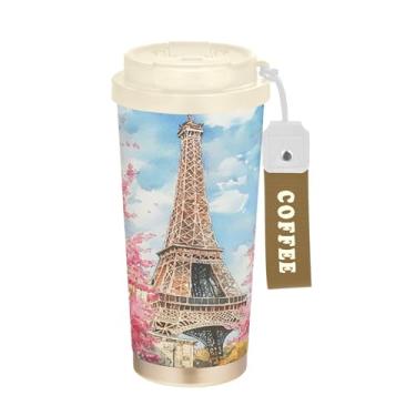 Imagem de SEHANY Caneca de viagem Torre de Paris em aquarela de 500 ml Copos de café reutilizáveis revestidos de cerâmica com tampa à prova de vazamento, parede dupla, isolamento a vácuo, copo de café de aço