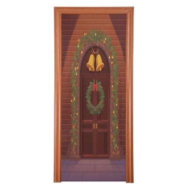 Imagem de ATTX Capa para porta da frente da guirlanda de Natal - Decoração de férias de tecido elástico lavável para festas, casa, decoração de porta da frente, 35 x 79 polegadas (115)