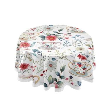 Imagem de SEHANY Toalha de mesa redonda de café e flores de 152 cm, tecido lavável sem rugas, toalha de mesa redonda com renda decorativa para restaurante, casamento, acampamento, festa Fiesta Cinco de Mayo