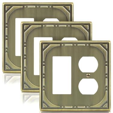 Imagem de Combinação de metal para interruptores de luz, placa de parede, tomada/1 placa decorativa decorativa de latão antigo para 2 placas de parede - estilo retrô clássico, pacote com 3