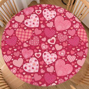 Imagem de ABSOP Toalha de mesa redonda de dia dos namorados com borda elástica padrão de coração vermelho toalha de mesa redonda 102-111 cm capa de mesa para cozinha, festa, pátio, piquenique