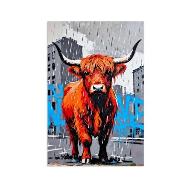 Imagem de Animais Pintura Arte Parede - Vaca na chuva - Impressões em tela - Moderno Colorida Pôster para decoração sala de estar 70x105cm Sem Moldura