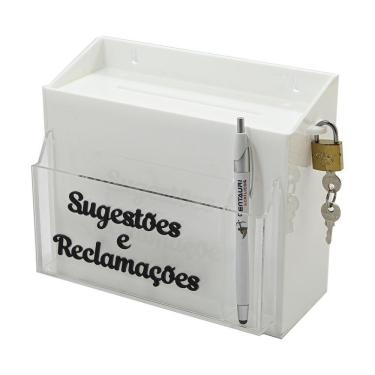 Imagem de Urna Caixa Sugestões E Reclamações Bolso Frontal Acrílico Branca Com Cadeado Pesquisa Satisfação