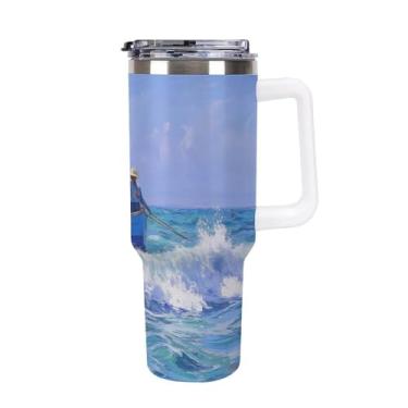 Imagem de Copo de café para barcos de pesca de 1,134 g na praia, copo de café, copo Stanley de grande capacidade, aço inoxidável, isolado a vácuo, selado para suporte de copo de carro e ao ar livre à prova de