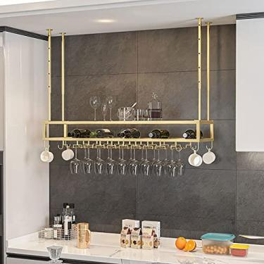 Imagem de APUM Rack de vinho de metal de teto, suporte de taças de taça, armário de prateleira de vinho suspenso ajustável em altura, suporte de vidro de vinho montado na parede, perfeito para bar e café