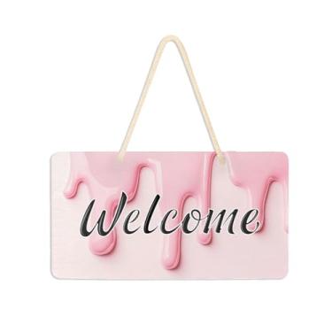 Imagem de Burbuja Placa de boas-vindas cremosa rosa para porta da frente, placa de boas-vindas de PVC para pendurar na parede varanda casa de fazenda, decoração de feriados, 15 x 28 cm