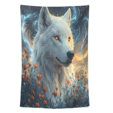 Imagem de STAYTOP Tapeçaria de lobo branco com olhos brilhantes tapeçarias de parede para decoração de casa dormitório sala de estar quarto tapete de parede (80 × 60 pol)