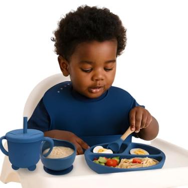 Imagem de Kit Introdução Alimentar Bebê 8 Peças 100% Silicone Antitóxico Premium, Prato + Bowl Babador Copo + + 2 Talheres Ponta Silicone Cabo de Madeira + + Tampa com Canudo + 2 Talheres (AZUL ESCURO)