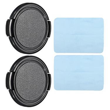 Imagem de Tampa da lente da câmera, pacote com 2 tampas de lente frontal com pano de limpeza de microfibra para lentes DSLR universais de rosca de 49 mm, preto para Nikon, para Fujifilm, para Pentax, para Leica