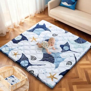 Imagem de Tapete de brincar para bebês 128 x 129 cm - Tapete de espuma elástica de 3,3 cm de espessura para bebês e crianças pequenas - Tapete de cercadinho com capa removível lavável na máquina - Base