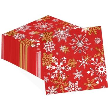 Imagem de Greencian 100 guardanapos de coquetel de papel de Natal, 2 camadas, descartáveis, vermelho, floco de neve, toalhas de mão absorventes de flocos de neve do país das maravilhas de inverno, guardanapos