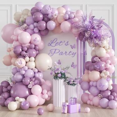 Imagem de Kit de arco de balão rosa e roxo com balões brancos de areia e rosa pastel empoeirado para chá de panela, casamento, revelação de gênero, decorações de festa de aniversário