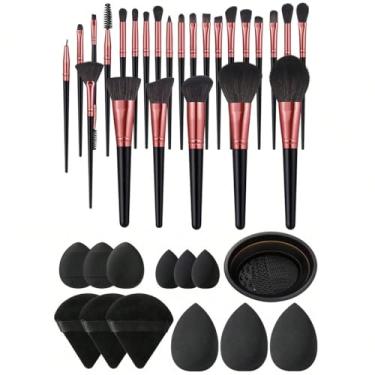 Imagem de Conjunto de 38 peças de 25 pincéis de maquiagem e esponjas de maquiagem, pincel de base para líquido, creme e pó – polido, mistura e pincel facial (ouro preto)