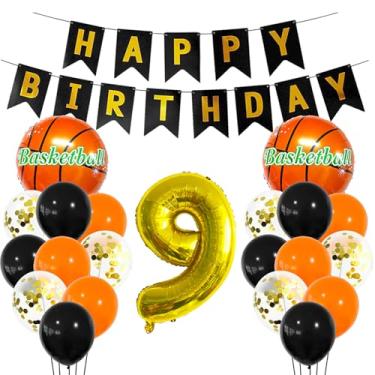 Imagem de Balão esportivo dourado de 9 anos, decoração esportiva de 9 anos, 9º aniversário, troféu de basquete, 9 balões, tema esportivo de basquete dourado, decoração de festa para crianças, meninos, decoração
