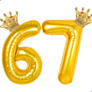 Imagem de 67 balões com números dourados de 101,6 cm para decorações de aniversário de 67 anos para homens e mulheres, balões gigantes jumbo Mylar de 67 anos