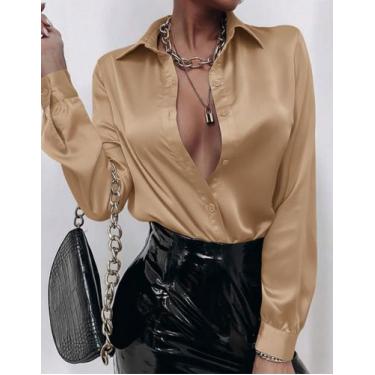 Imagem de Camisa Social Feminina Cetim Manga Comprida Com Botões Casual Elegante