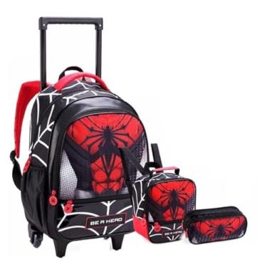 Imagem de Kit Mochila Rodinha Infantil Menino Homem Aranha, 3 Peças com Lancheira e Estojo, Vermelho e Preto