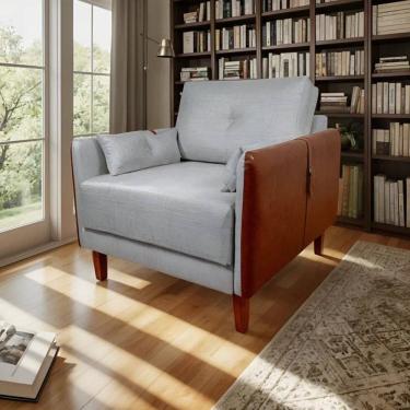 Imagem de Poltrona Linho Premium com Couro Base Madeira Maciça Houston Cinza