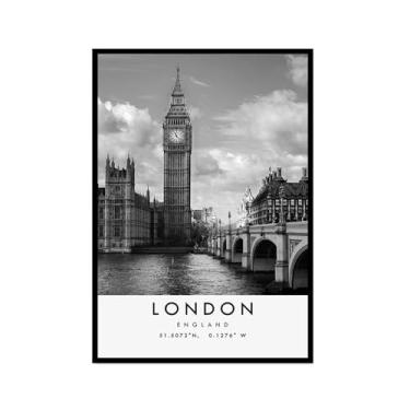 Imagem de Pôster de viagem preto e branco impressão paisagem da cidade do mundo pintura em tela arte de parede de Londres decoração de casa (8 x 12 polegadas (20 x 30 cm), moldura para fotos)