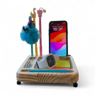 Imagem de Organizador de Mesa Iluminado em Madeira – Porta Canetas, Celular e papel adesivo de lembrete, Funcional e Decorativo para Escritório ou Home Office