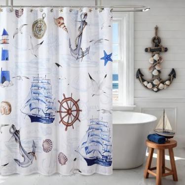 Imagem de DS BATH Cortina de chuveiro náutica para banheiro, cortina de chuveiro azul e branca com bússola de âncora costeira, cortina de chuveiro para farol de veleiro, impermeável, lavável, praia, oceano