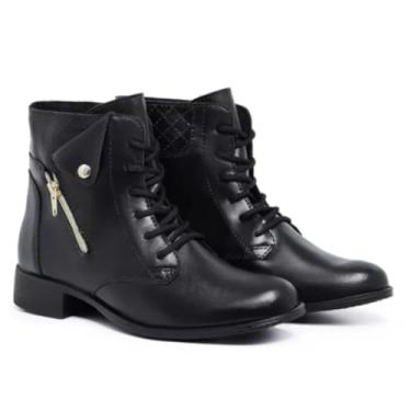 Imagem de Bota Feminina Casual Detalhe Zíper Lateral e Cadarço Coturno Confortável Elegante Costura Salto Baixo Moda Inverno (1, Preto, Padrão, BR, Adulto, Numérico, 39)