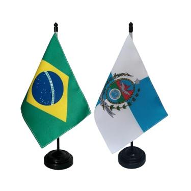 Imagem de Kit Bandeira de Mesa Brasil e Rio de Janeiro, Dupla Face, 19x13cm, Base Plástica Preta, Altura 26cm, Tecido Oxford, Decorativa para Escritório e Eventos