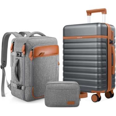 Imagem de UKEIN Conjunto de 3 peças, bagagem de mão de 50 cm com rodas giratórias, conjunto de malas de policarbonato rígido com trava TSA, mala de mão durável com mochila de viagem para homens, Cinza, 3 piece