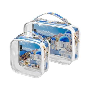 Imagem de GAIGEO Símbolos de Halloween em conjunto de sacolas de higiene pessoal transparente laranja, bolsa de maquiagem de higiene pessoal, bolsas de acessórios de viagem, pacote com 2, Edifícios com uma