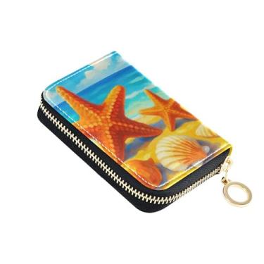 Imagem de Carteira floral feminina com zíper e bloqueio de RFID, linda aquarela, estrela-do-mar, praia, azul marinho, zíper com bolso para moedas