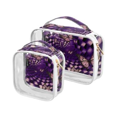 Imagem de GAIGEO Vaca verde com bolsa de maquiagem verde quadriculada transparente, bolsa de higiene pessoal transparente, acessórios de viagem cosméticos, Borboleta espiral quadrada roxa, one size