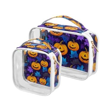 Imagem de GAIGEO Símbolos de Halloween em conjunto de sacolas de higiene pessoal transparente laranja, bolsa de maquiagem de higiene pessoal, bolsas de acessórios de viagem, pacote com 2, Lanterna de abóbora